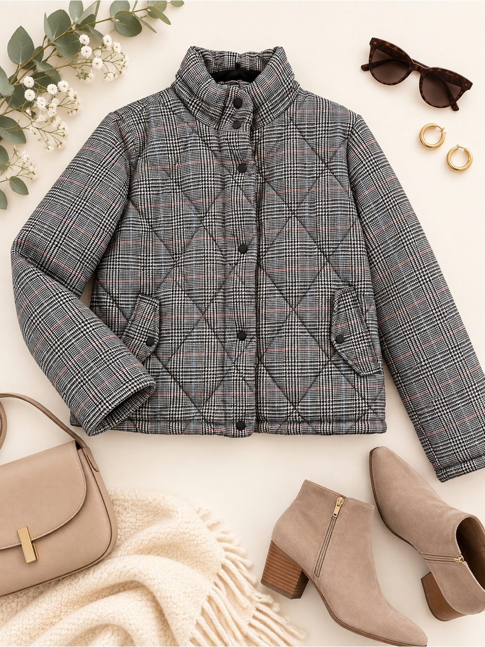 a.n.a. Plaid Quilted Puffer Jacket Size L Black White Red Women’s